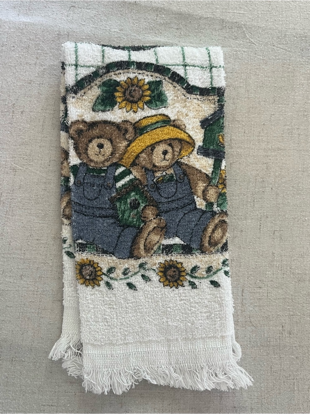 Vintage Cottagecore Teddy Bear & Sunflower Fringed Kitchen Towel